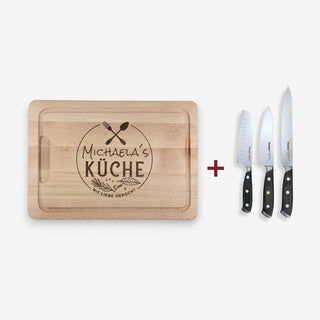 Geschenkset Schneidebrett aus Buchenholz Motiv Küche - Mit Liebe gekocht mit Kochmesser, Santokumesser und Tranchiermesser