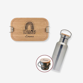 Geschenkset Brotdose und Trinkflasche aus Edelstahl mit Bambusdeckel Motiv Schulkind mit Regenbogen