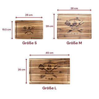 Geschenkset Schneidebrett aus Akazienholz Motiv Grillmaster und Mutprobe Box mit Senf, Chili & BBQ-Sauce