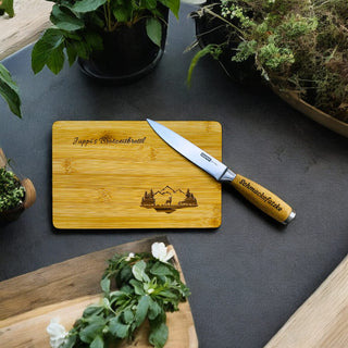 Geschenkset Frühstücksbrett aus Bambus mit Universalmesser