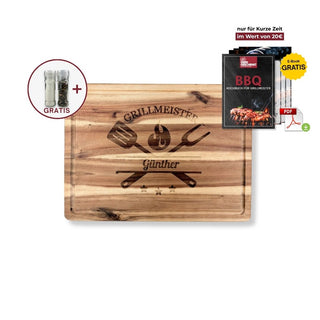 Personalisiertes Schneidebrett aus Akazienholz Motiv Grillmeister mit GRATIS Salz- und Pfeffermühle und GRATIS digitales BBQ-Kochbuch