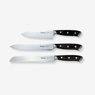 Geschenkset 3 Küchenmesser mit gravierter Edelstahlklinge und Griff aus Pakka Holz