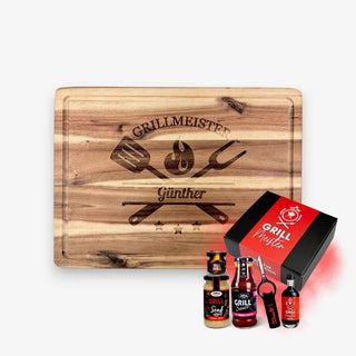 Geschenkset Grillmeister Schneidebrett aus Akazienholz und Geschenkbox mit Senf, Grill Sauce, Gewürzsalz, Likör und Feuerzeug