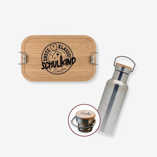 Geschenkset Brotdose und Trinkflasche aus Edelstahl mit Bambusdeckel Motiv Erste Klasse Schulkind