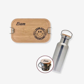 Geschenkset Brotdose und Trinkflasche aus Edelstahl mit Bambusdeckel Motiv Ich bin jetzt ein Schulkind