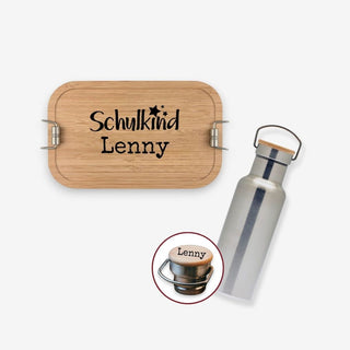 Geschenkset Brotdose und Trinkflasche aus Edelstahl mit Bambusdeckel Motiv Schulkind