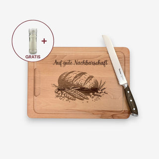 Personalisierbares Schneidebrett aus Buchenholz mit Brotmesser und GRATIS Salzmühle