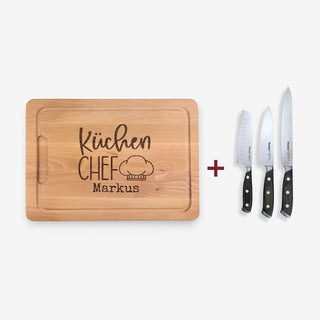 Geschenkset Schneidebrett aus Buchenholz Motiv Küchenchef mit Kochmesser, Santokumesser und Tranchiermesser