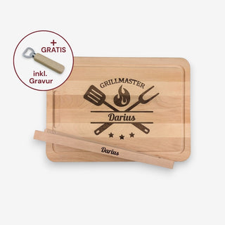 Personalisiertes Schneidebrett mit Grillzange aus Buchenholz Motiv Grillmaster mit GRATIS Flaschenöffner