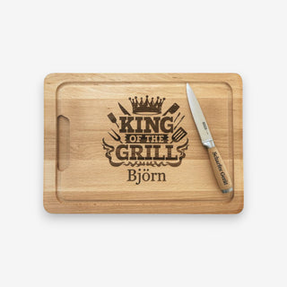 Geschenkset Schneidebrett aus Buchenholz Motiv King of the Grill mit Universalmesser