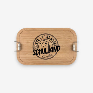 Brotdose Lunchbox aus Edelstahl mit Bambusdeckel 1100 ml Motiv Erste Klasse Schulkind