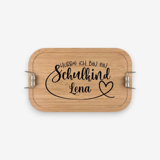 Brotdose Lunchbox aus Edelstahl mit Bambusdeckel 1100 ml Motiv Hurra! Ich bin ein Schulkind