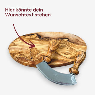 Geschenkset ovales Schneidebrett aus Olivenholz mit passendem Wiegemesser