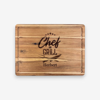 Schneidebrett aus Akazienholz Motiv Chef am Grill