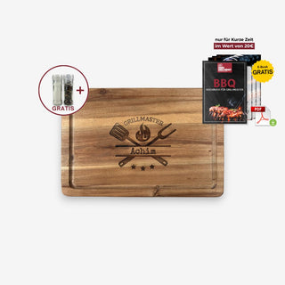 Personalisiertes Schneidebrett aus Akazienholz Motiv Grillmaster mit GRATIS Salz- und Pfeffermühle und GRATIS digitales BBQ-Kochbuch