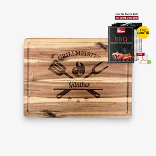 Personalisiertes Schneidebrett aus Akazienholz Motiv Grillmeister mit GRATIS digitales BBQ-Kochbuch