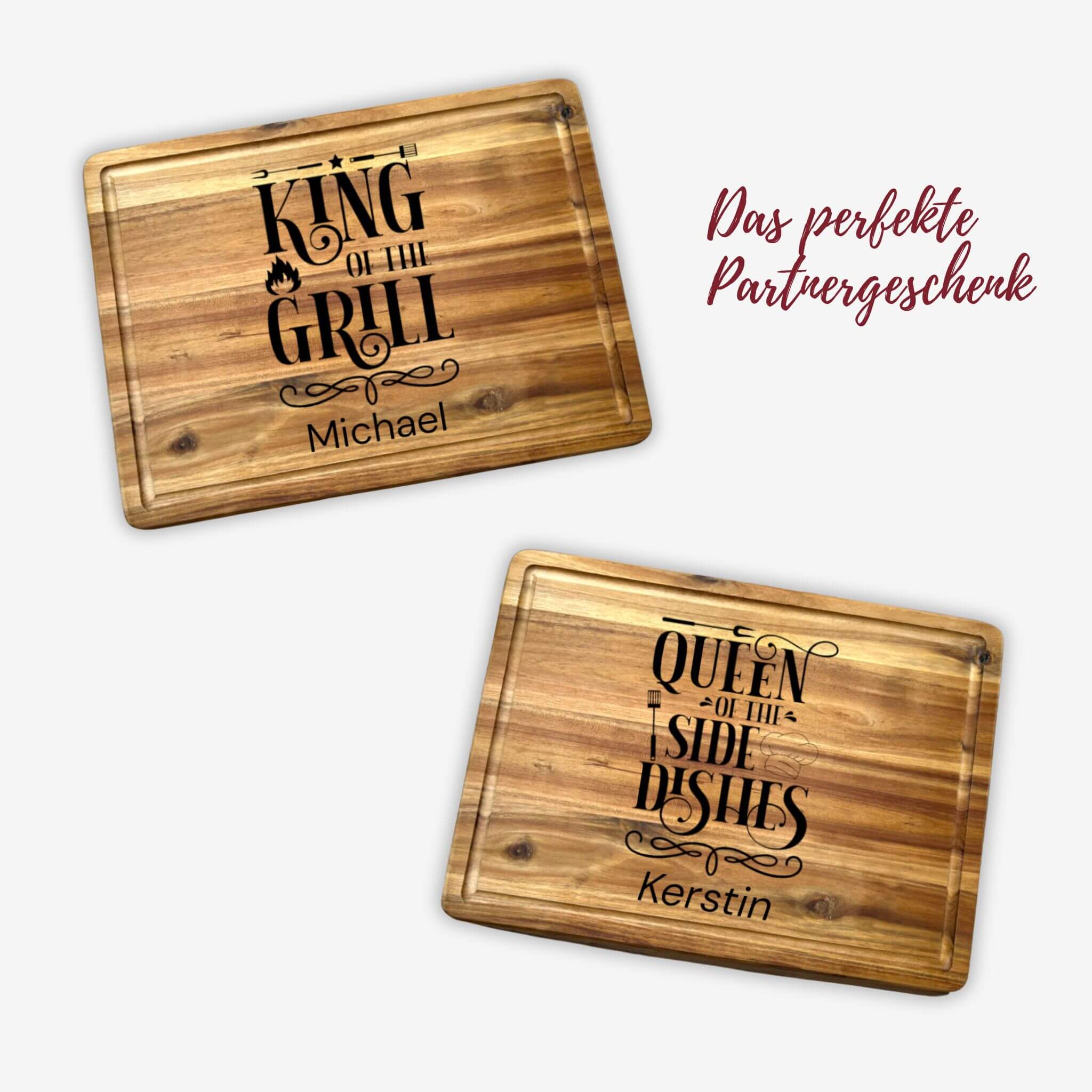 2er Set Schneidebretter aus Akazienholz für Paare - King of the Grill & Queen of the Sidedishes