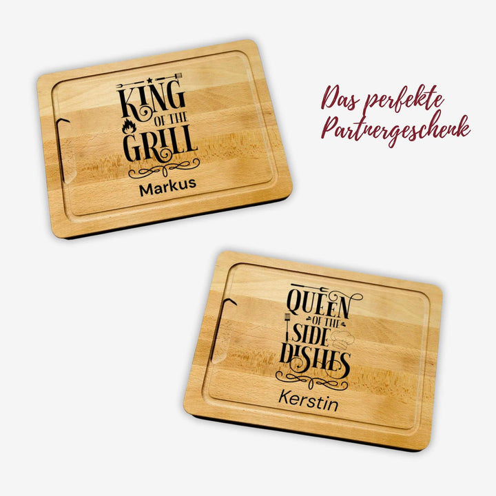 Geschenkset - 2er Set Schneidebretter aus Buchenholz für Paare - King of the Grill & Queen of the Sidedishes