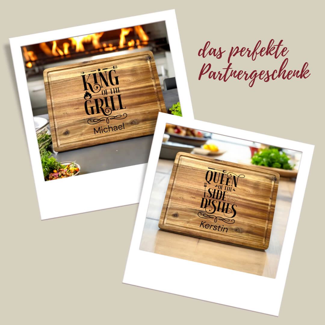 2er Set Schneidebretter aus Akazienholz für Paare - King of the Grill & Queen of the Sidedishes