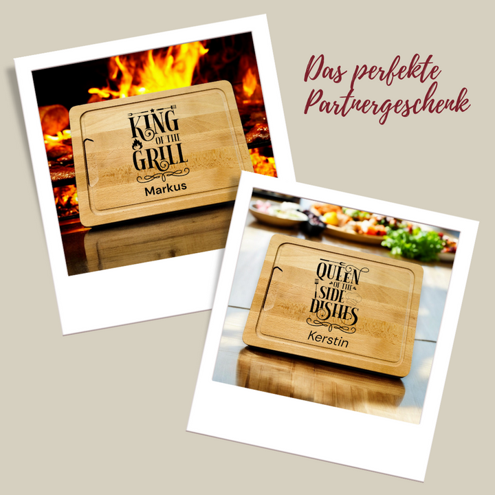 2er Set Schneidebretter aus Buchenholz für Paare - King of the Grill & Queen of the Sidedishes - gerngeschenkt