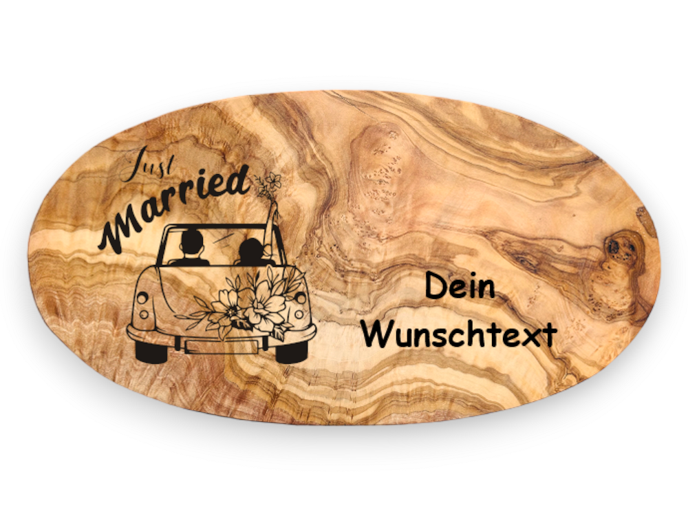 ovales Servierbrett aus Olivenholz - Motiv "Just Married" - gerngeschenkt