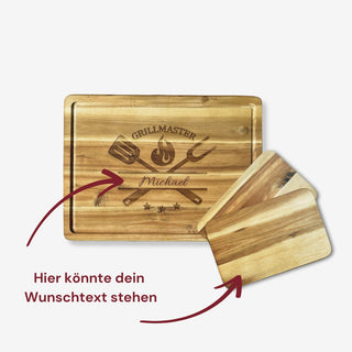 Geschenkset drei Schneidebretter aus Akazienholz Motiv Grillmaster