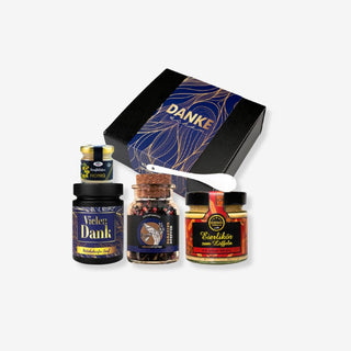 Dankeschön Geschenkset – Geschenkbox mit Senf, Pfeffer, Eierlikör, Honig und Senf-Löffel
