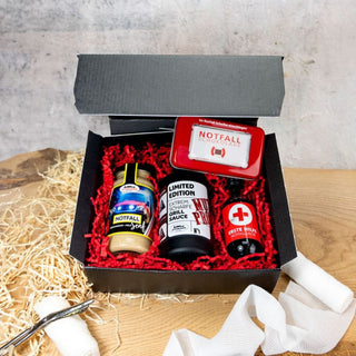 Erste Hilfe Geschenkset – Geschenkbox mit Senf, Grill Sauce, Likör und Schokolade