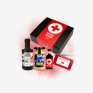 Erste Hilfe Geschenkset – Geschenkbox mit Senf, Grill Sauce, Likör und Schokolade
