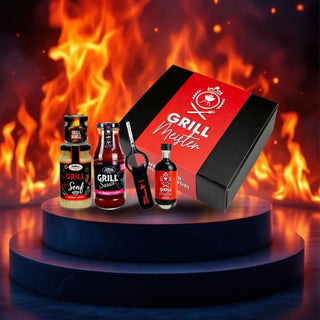 Grillmeister Geschenkset – Geschenkbox mit Senf, Grill Sauce, Gewürzsalz, Likör und Feuerzeug