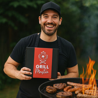 Grillmeister Geschenkset – Geschenkbox mit Senf, Grill Sauce, Gewürzsalz, Likör und Feuerzeug