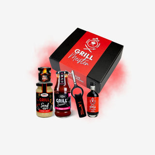 Grillmeister Geschenkset – Geschenkbox mit Senf, Grill Sauce, Gewürzsalz, Likör und Feuerzeug