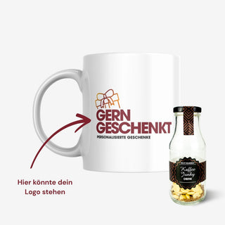 Geschenkset Personalisierbare Tasse mit deinem Logo oder Design und DIY Kaffee Junky Drink