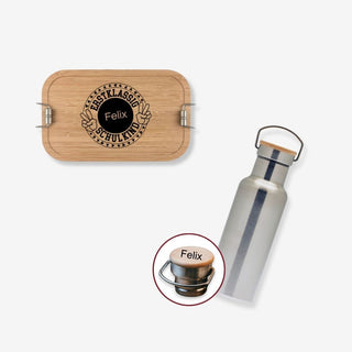 Geschenkset Brotdose und Trinkflasche aus Edelstahl mit Bambusdeckel Motiv Erstklassig