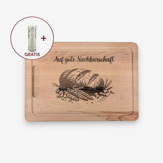 Personalisierbares Schneidebrett aus Buchenholz Motiv Brot mit GRATIS Salzmühle