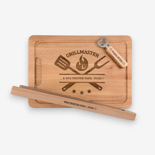 Personalisiertes Schneidebrett mit Grillzange aus Buchenholz Motiv Grillmaster mit GRATIS Flaschenöffner