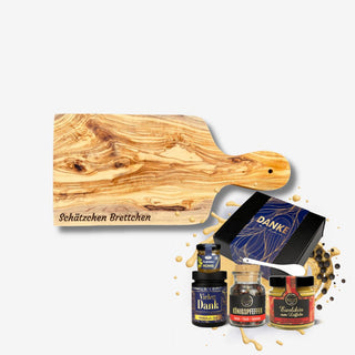 Geschenkset Schneidebrett aus Olivenholz und Dankeschön Box mit Senf, Pfeffer, Eierlikör, Honig und Senf-Löffel