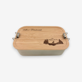 Brotdose Lunchbox aus Edelstahl mit Bambusdeckel 1100 ml Motiv Berge mit Hirsch
