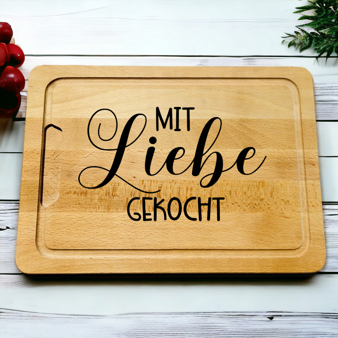 Schneidebrett aus Buchenholz mit Saftrille - verschiedene Sprüche und Motive - gerngeschenkt