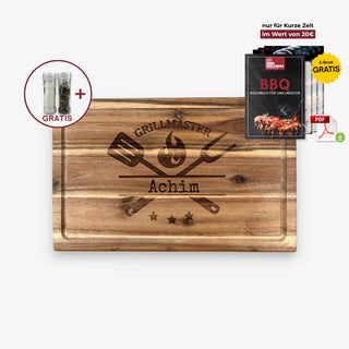 Personalisiertes Schneidebrett aus Akazienholz Motiv Grillmaster mit GRATIS Salz- und Pfeffermühle und GRATIS digitales BBQ-Kochbuch