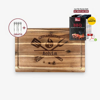 Personalisiertes Schneidebrett aus Akazienholz Motiv Grillmaster mit GRATIS Salz- und Pfeffermühle und GRATIS digitales BBQ-Kochbuch