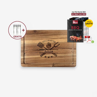 Personalisiertes Schneidebrett aus Akazienholz Motiv Grillmaster mit GRATIS Salz- und Pfeffermühle und GRATIS digitales BBQ-Kochbuch
